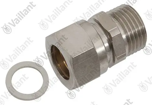 Metallene Quetschverschraubung von Vaillant mit Außengewinde und Dichtung. Das Teil hat eine zylindrische Form und wird zur Verbindung von Rohren verwendet.